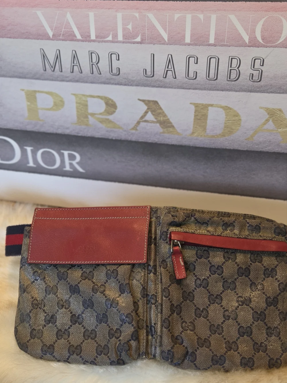 Gucci Brown GG Canvas Belt Bag with Red Leather Trim